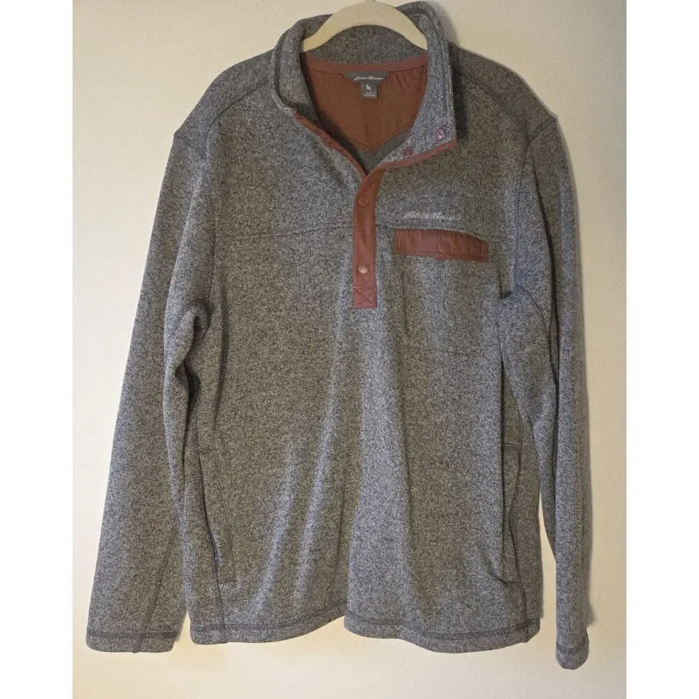 Eddie Bauer Mens L Pullover Fleece 1/4 Snap Gray & Rust Zip Pockets Gorpcore